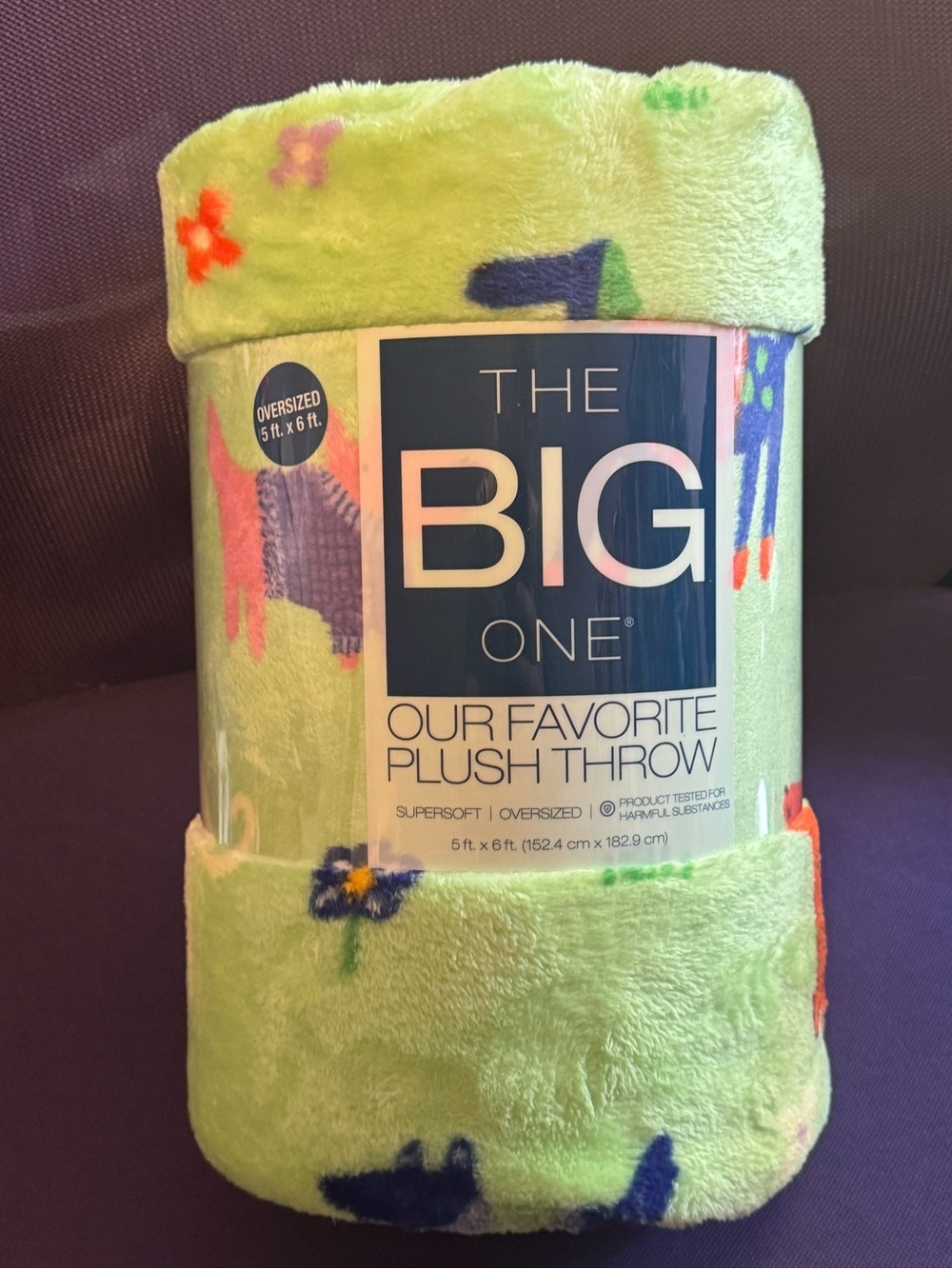 The Big One Plush Throw - Light Lime with dogs & flowers